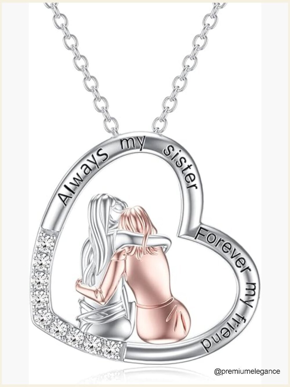 Sterling Silver Sister Necklace Pendant 18+2" Cubic Zirconia Friendship